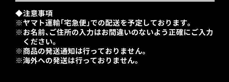 ◆注意事項 ※ヤマト運輸「宅急便」での配送を予定しております。※お名前、ご住所の入力はお間違いのないよう正確にご入力ください。※商品の発送通知は行っておりません。※海外への発送は行っておりません。